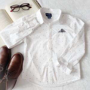 Boys White Micro Dot Button Down Shirt Size 10, Pocket Square Detail